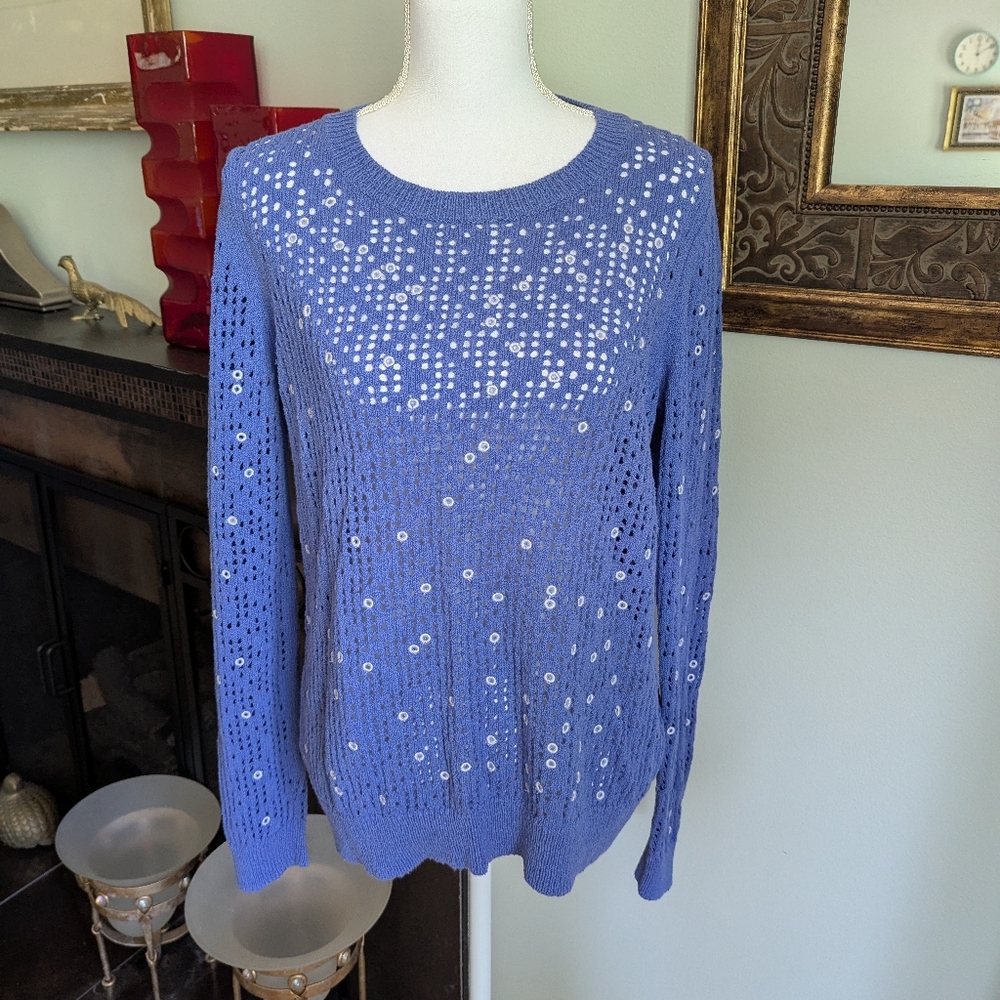White + Warren Women's Large Open Knit Periwinkle Embroidery Bubble Sweater 153
